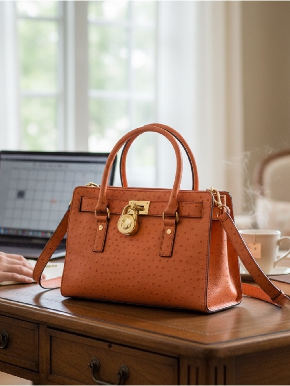 Michael Kors Orange Ostrich-Embossed Satchel Bag - Picture 3 of 13